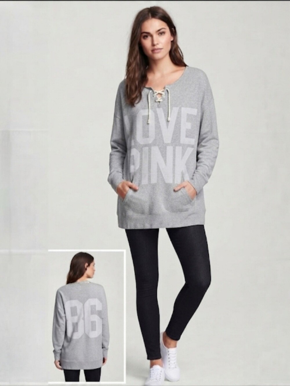 Victoria's Secret Love Pink Gray Lace-up Neck Oversize Tunic Sweatshirt Size S